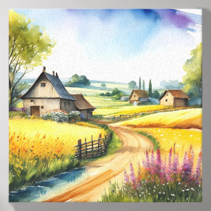 Vintage Cottage Countryside Art Print Canvas Photo Tile