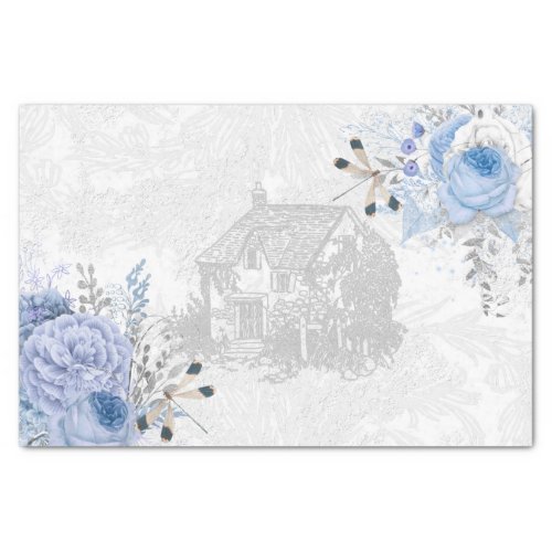 Vintage Cottage Dragonfly Blue Rose Decoupage Tissue Paper
