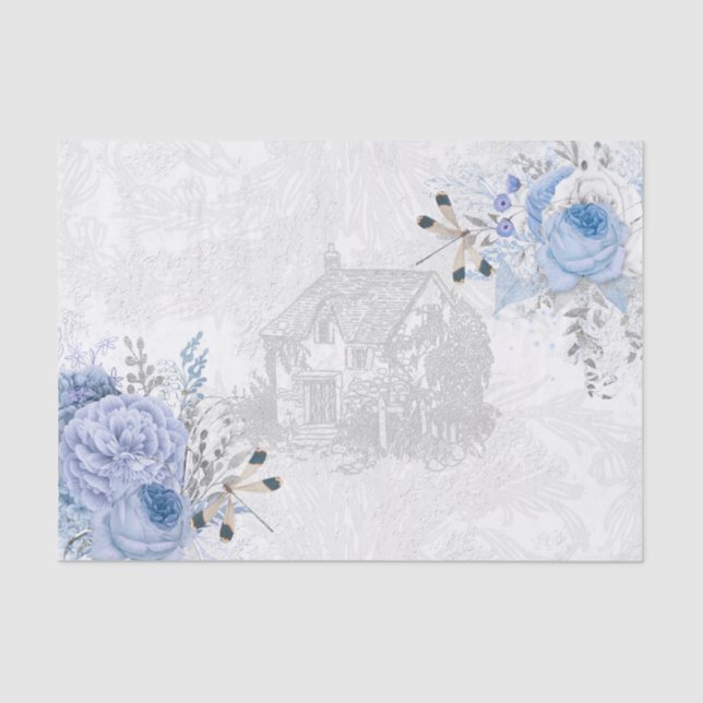 Vintage Cottage Dragonfly Blue Rose Decoupage Tissue Paper (Front)