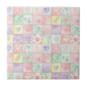 Vintage Cottage Floral Patchwork Gingham Pastel Ceramic Tile