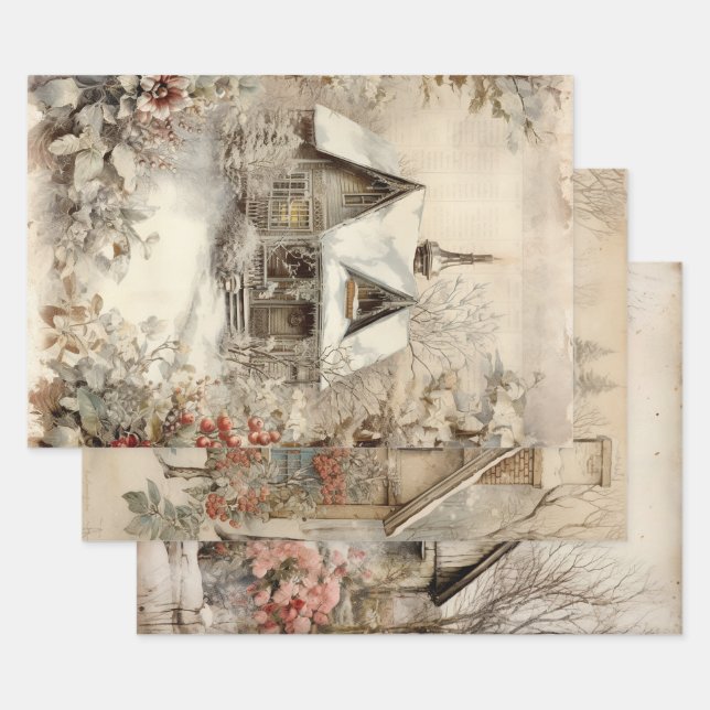 Vintage Cottage Garden Ephemera Wrapping Paper Sheets (Set)