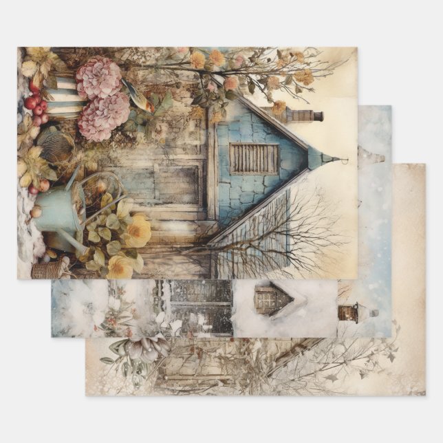 Vintage Cottage Garden Ephemera Wrapping Paper Sheets (Set)