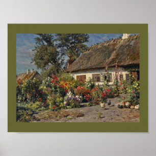 Vintage Cottage Garden with Flowers and Chickens Poster