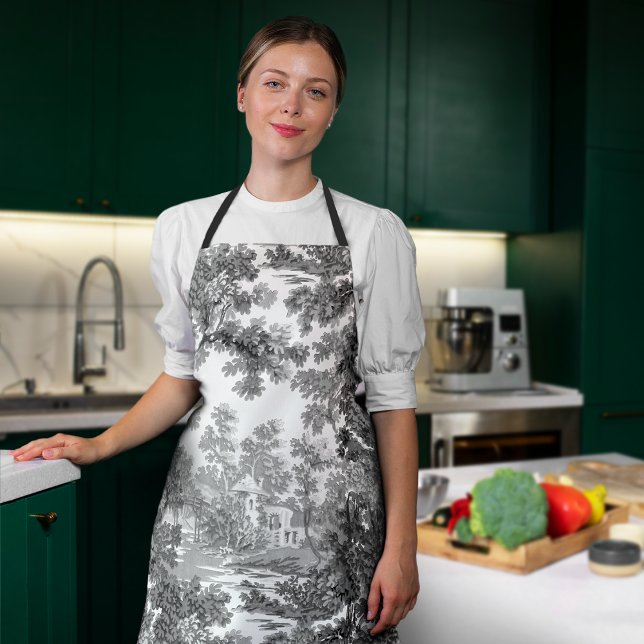 Vintage Cottage Landscape Toile-Black & White Apron (Creator Uploaded)