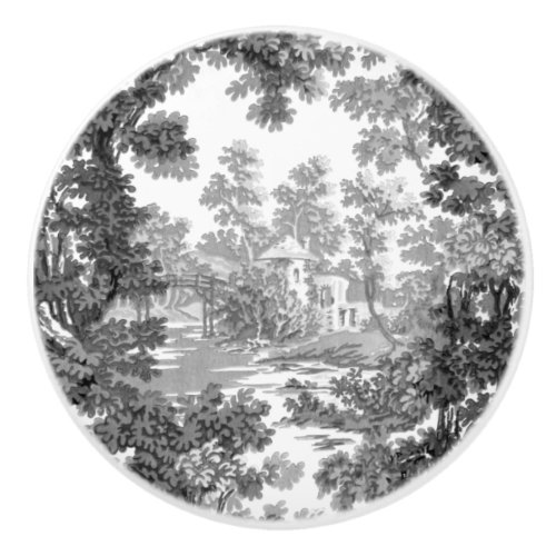 Vintage Cottage Landscape Toile_Black  White Ceramic Knob