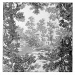 Vintage Cottage Landscape Toile-Black & White Ceramic Tile<br><div class="desc">Classic vintage landscape toile de jouy pattern featuring rustic cottage and bridge in a clearing framed by a grove of trees in shades of black and gray on white background. Pattern is seamless and can be scaled up or down.</div>
