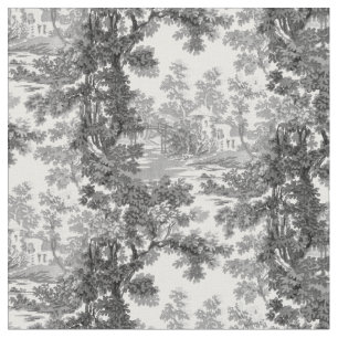 Vintage Cottage Landscape Toile-Black & White Fabric