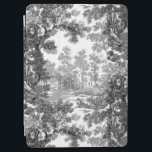 Vintage Cottage Landscape Toile-Black & White iPad Air Cover<br><div class="desc">Classic vintage landscape toile de jouy pattern featuring rustic cottage and bridge in a clearing framed by a grove of trees in shades of black and gray on white background. Pattern is seamless and can be scaled up or down.</div>