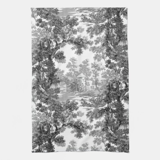 Vintage Cottage Landscape Toile-Black & White Kitchen Towel (Vertical)