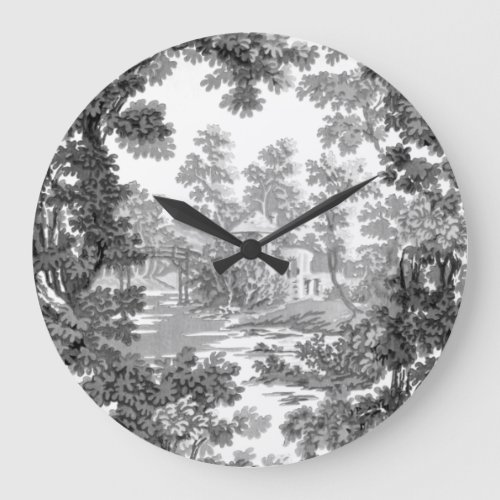 Vintage Cottage Landscape Toile_Black  White Large Clock