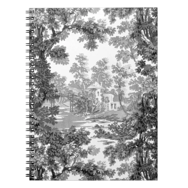Vintage Cottage Landscape Toile-Black & White Notebook | Zazzle