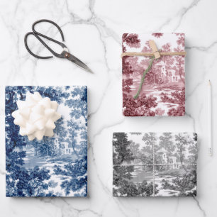 Vintage Cottage Landscape Toile-Blue, Pink, Black Wrapping Paper Sheets