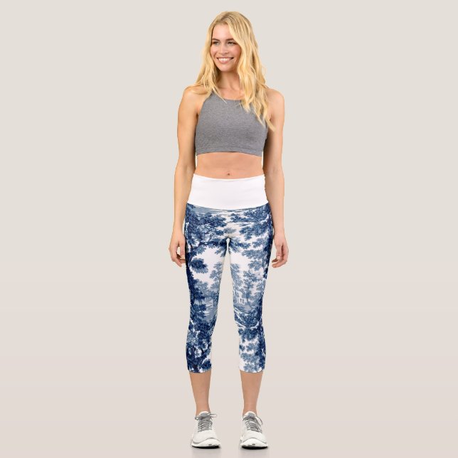 Vintage Cottage Landscape Toile-Blue & White Capri Leggings (Front)