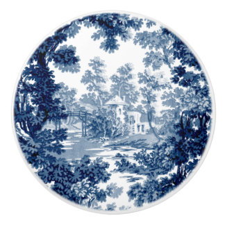 Vintage Cottage Landscape Toile-Blue & White Ceramic Knob