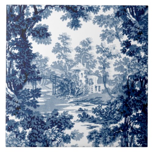 Vintage Cottage Landscape Toile_Blue  White Ceramic Tile