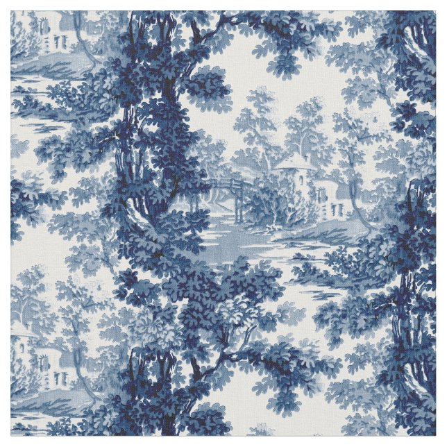 Vintage Cottage Landscape Toile-Blue & White Fabric (Close Up)