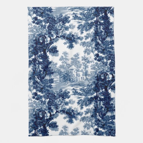 Vintage Cottage Landscape Toile_Blue  White Kitchen Towel