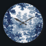 Vintage Cottage Landscape Toile-Blue & White Large Clock<br><div class="desc">Classic vintage landscape toile de jouy pattern featuring rustic cottage and bridge in a clearing framed by a grove of trees in shades of light and dark blue on white background. Pattern is seamless and can be scaled up or down.</div>