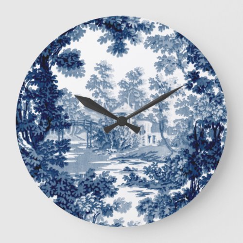 Vintage Cottage Landscape Toile_Blue  White Large Clock