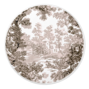 Vintage Cottage Landscape Toile-Brown & White Ceramic Knob
