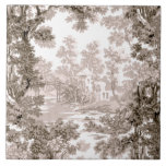 Vintage Cottage Landscape Toile-Brown & White Ceramic Tile<br><div class="desc">Classic vintage landscape toile de jouy pattern featuring rustic cottage and bridge in a clearing framed by a grove of trees in shades of light and dark brown on white background. Pattern is seamless and can be scaled up or down.</div>