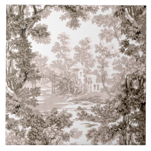 Vintage Cottage Landscape Toile_Brown  White Ceramic Tile
