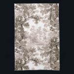 Vintage Cottage Landscape Toile-Brown & White Kitchen Towel<br><div class="desc">Classic vintage landscape toile de jouy pattern featuring rustic cottage and bridge in a clearing framed by a grove of trees in shades of light and dark brown on white background. Pattern is seamless and can be scaled up or down.</div>
