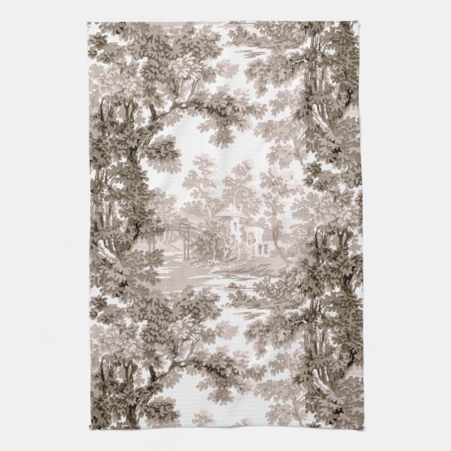 Vintage Cottage Landscape Toile-Brown & White Kitchen Towel (Vertical)