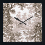 Vintage Cottage Landscape Toile-Brown & White Square Wall Clock<br><div class="desc">Classic vintage landscape toile de jouy pattern featuring rustic cottage and bridge in a clearing framed by a grove of trees in shades of light and dark brown on white background. Pattern is seamless and can be scaled up or down.</div>