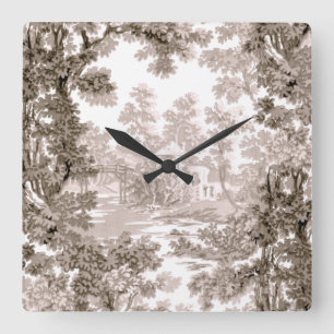 Vintage Cottage Landscape Toile-Brown & White Square Wall Clock
