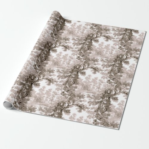 Vintage Cottage Landscape Toile_Brown  White Wrapping Paper