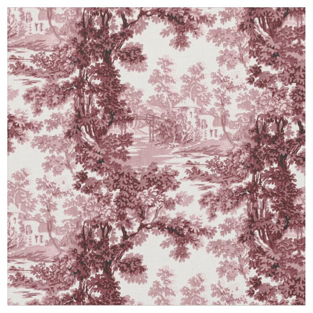 Vintage Cottage Landscape Toile-Pink & White Fabric (Close Up)