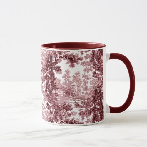 Vintage Cottage Landscape Toile_Pink  White Mug