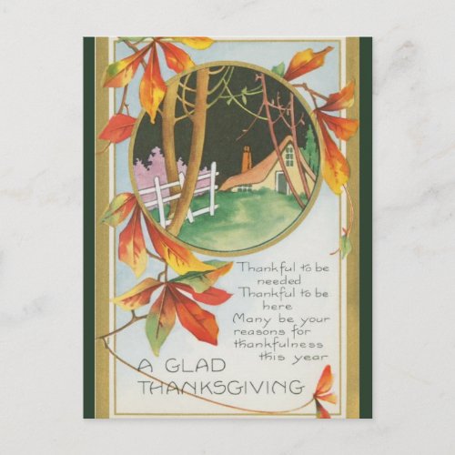 Vintage Cottage Leaves Fence Thanksgiving Postcard