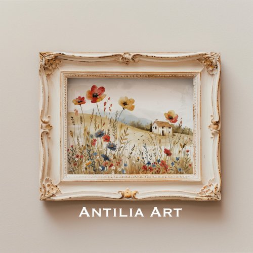 Vintage Cottage Painting Countryside Wildflowers Poster