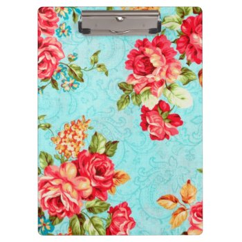 Vintage Cottage Red Rose Floral Clipboard by celebrateitgifts at Zazzle