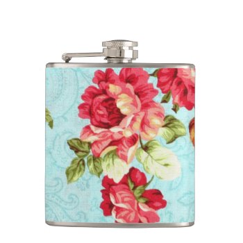 Vintage Cottage Red Rose Floral Flask by celebrateitgifts at Zazzle