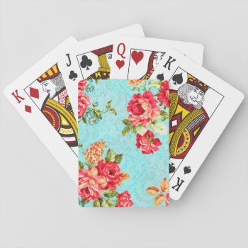 Vintage Cottage Red Rose Floral Playing Cards by celebrateitgifts at Zazzle