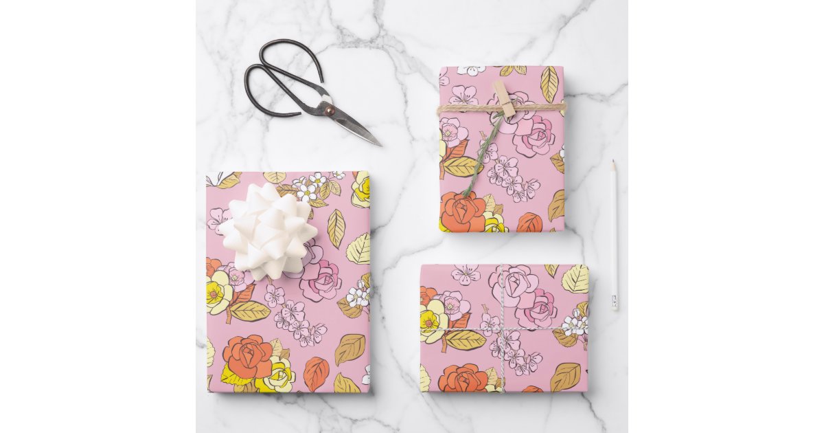 Tropical Green Leaves Pink Orange Flowers Wrapping Paper Sheets, Zazzle