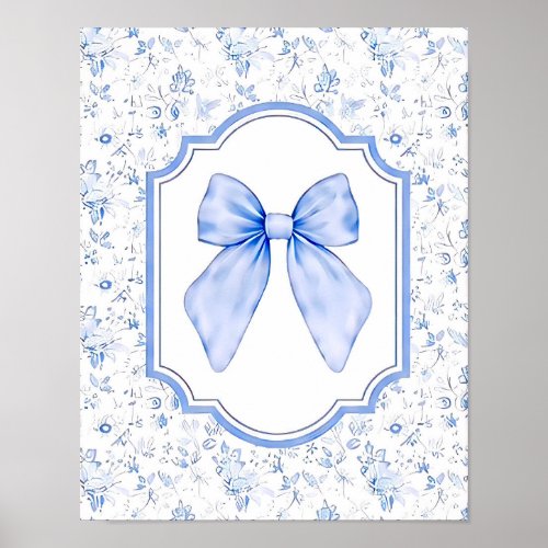 Vintage Cottagecore Blue Bow With Floral Pattern Poster
