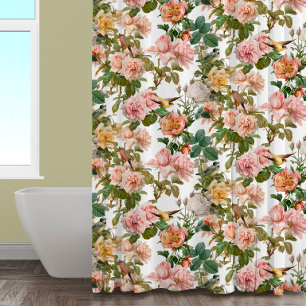Vintage Cottagecore Botanical Pink Roses and Birds Shower Curtain