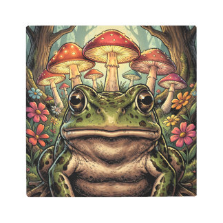 Vintage Cottagecore Frog and Mushrooms Metal Print