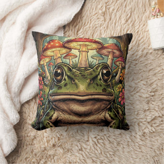 Vintage Cottagecore Frog, Snail and Mushrooms Throw Pillow
