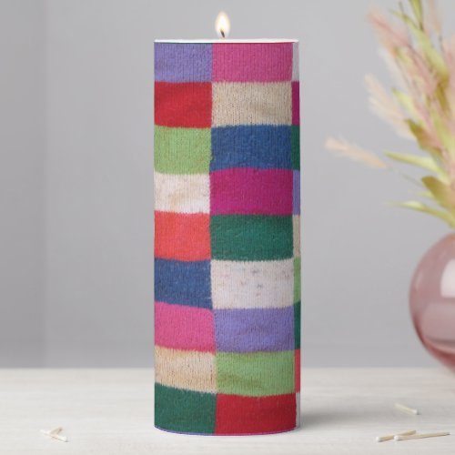 vintage cottagecore knitted patchwork squares pillar candle
