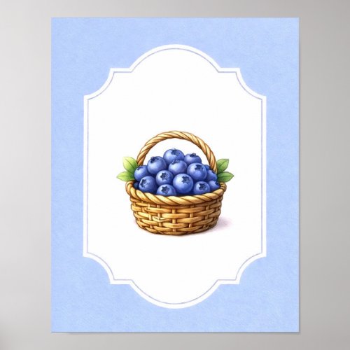 Vintage Cottagecore Leaf Blue Blueberry Basket Poster