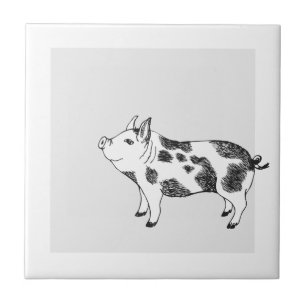 Vintage Cottagecore Pig LineArt Minimalist Pattern Ceramic Tile