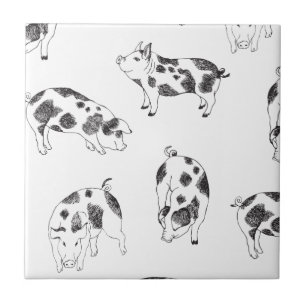 Vintage Cottagecore Pig LineArt Minimalist Pattern Ceramic Tile