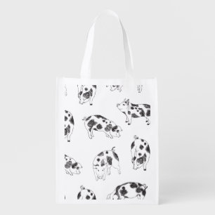 Vintage Cottagecore Pig LineArt Minimalist Pattern Grocery Bag
