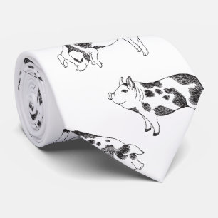 Vintage Cottagecore Pig LineArt Minimalist Pattern Neck Tie