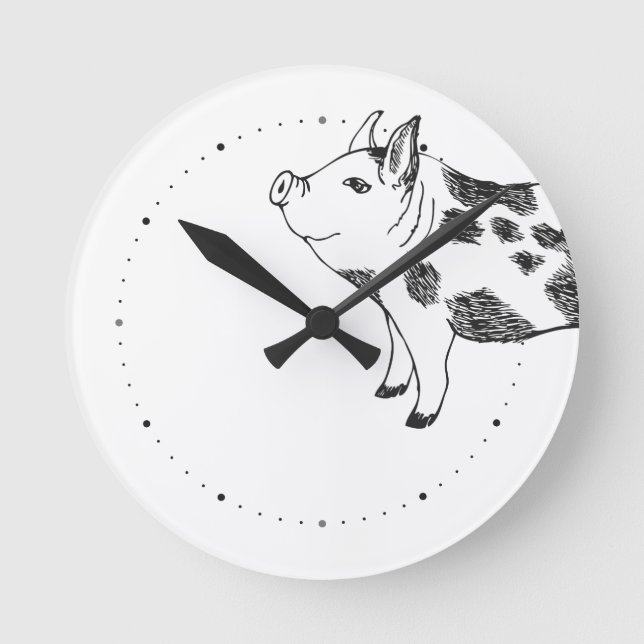 Vintage Cottagecore Pig LineArt Minimalist Pattern Round Clock (Front)